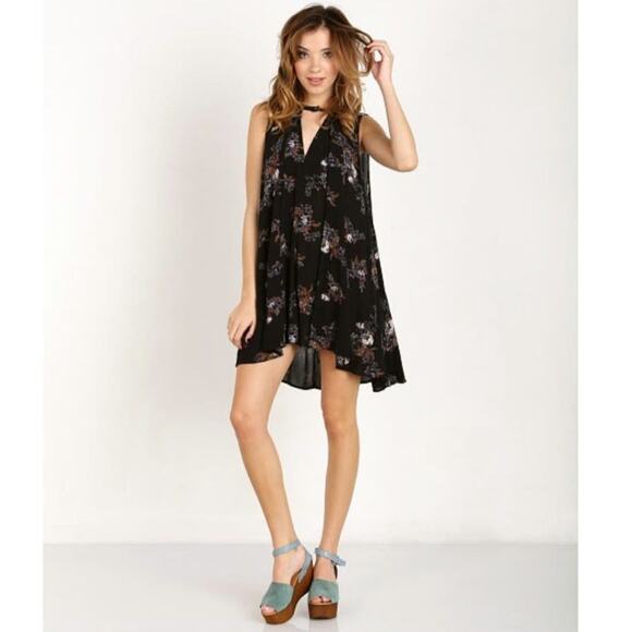 Free People Floral Mini Dress Black V Neck Sleeveless Swing Flowy Babydoll S - Picture 15 of 16